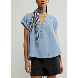 Free People Double Cloth Top Womens Small Blue Gauze Tunic Flowy Bohemian Beach
